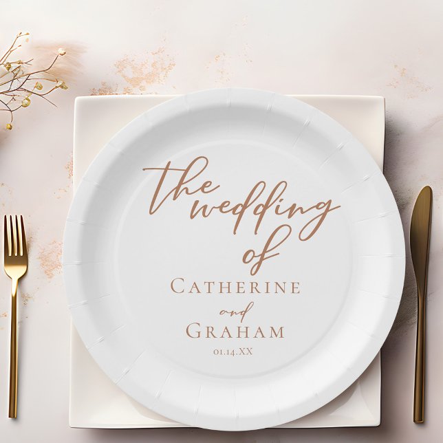 Sienna Brown Typography Minimalist Wedding Paper Plates (Creator Uploaded)