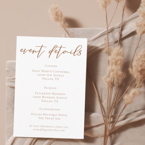 Sienna Brown Typography Wedding Event Details Enclosure Card