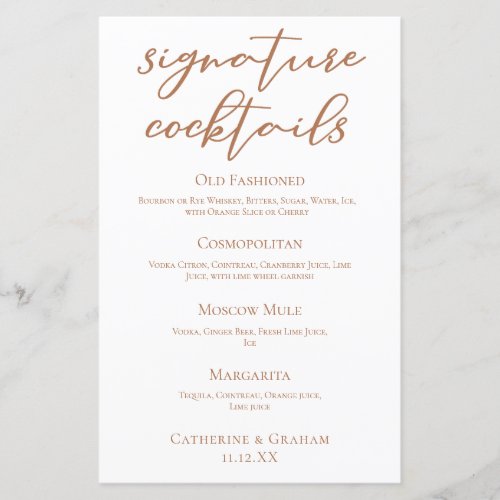 Sienna Brown Wedding Signature Cocktails Menu