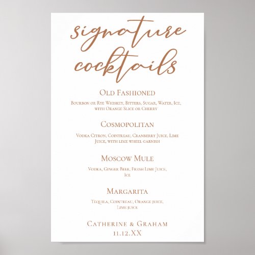 Sienna Brown Wedding Signature Cocktails Menu Poster