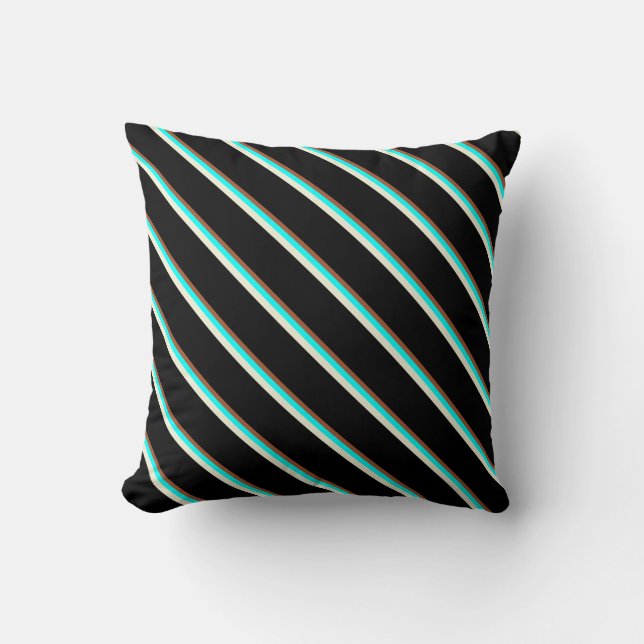 Sienna, Cyan, Beige & Black Pattern of Stripes Throw Pillow (Front)