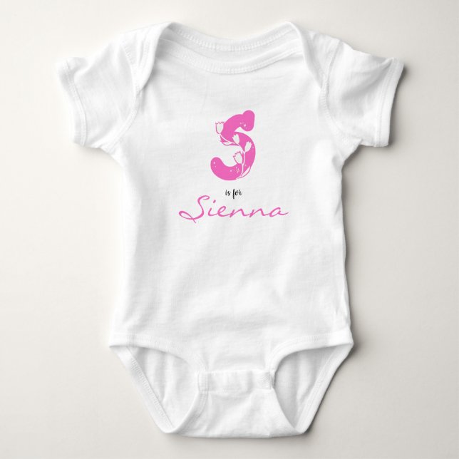 Sienna name Reveal Floral Letter S Pink Flower Baby Bodysuit (Front)