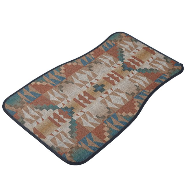 Sienna Orange Taupe Brown Teal Blue Tribal Art Car Floor Mat (Angled)