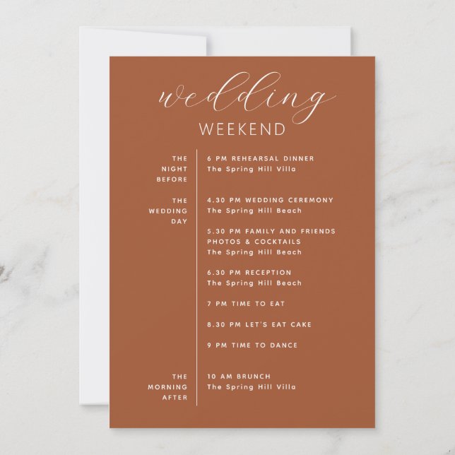 Sienna Wedding Timeline | Fall Weekend Schedule Invitation (Back)