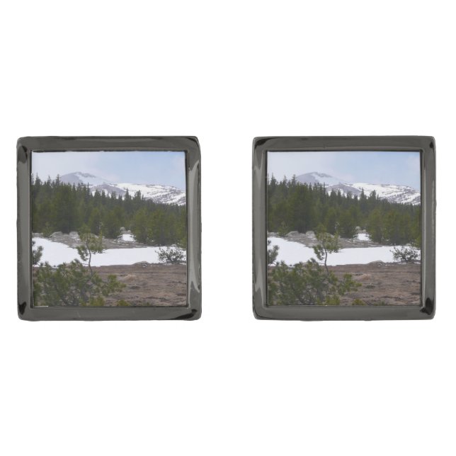 Sierra Nevada Mountains and Snow at Yosemite Gunmetal Finish Cufflinks (Front)