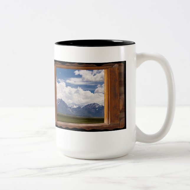 Sierra Nevada Through Cabin Window on Black Two-Tone Coffee Mug (Right)