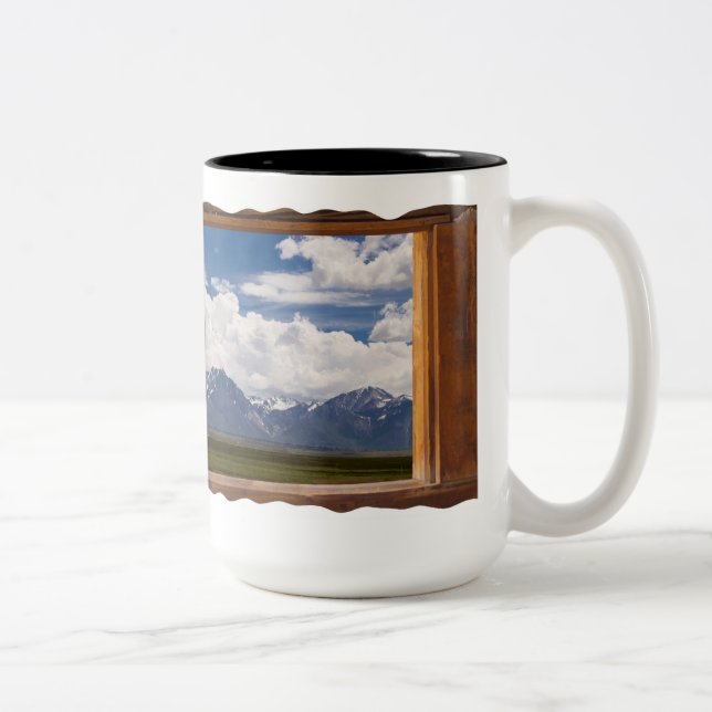 Sierra Nevada Through Cabin Window on White Two-Tone Coffee Mug (Right)