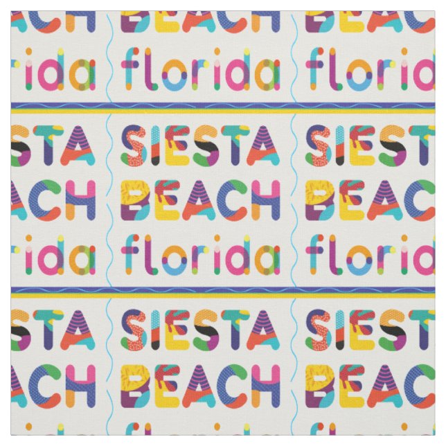 Siesta Beach, Florida. Colorful Text Pattern Fabric (Swatch)