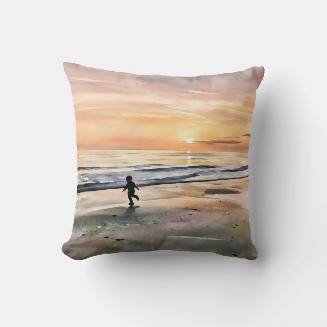 Siesta Key Beach Sunset boy playing in water  Throw Pillow (Front)