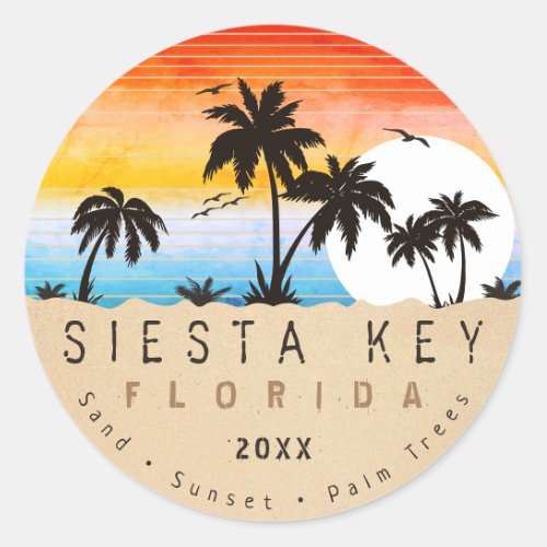 Siesta Key Florida Beach Retro Sunset Souvenir 80s Classic Round Sticker