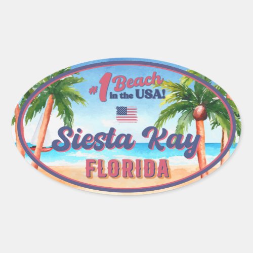 Siesta Key Florida Watercolor Souvenirs FL Vintage Oval Sticker