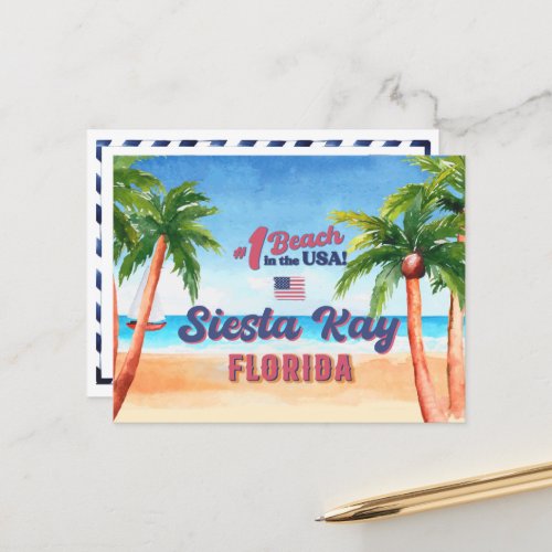 Siesta Key Florida Watercolor Souvenirs FL Vintage Postcard