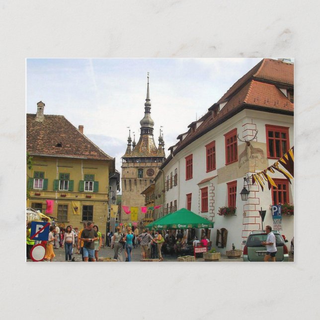 Sighisoara, CLocktower and tourists Postcard (Front)