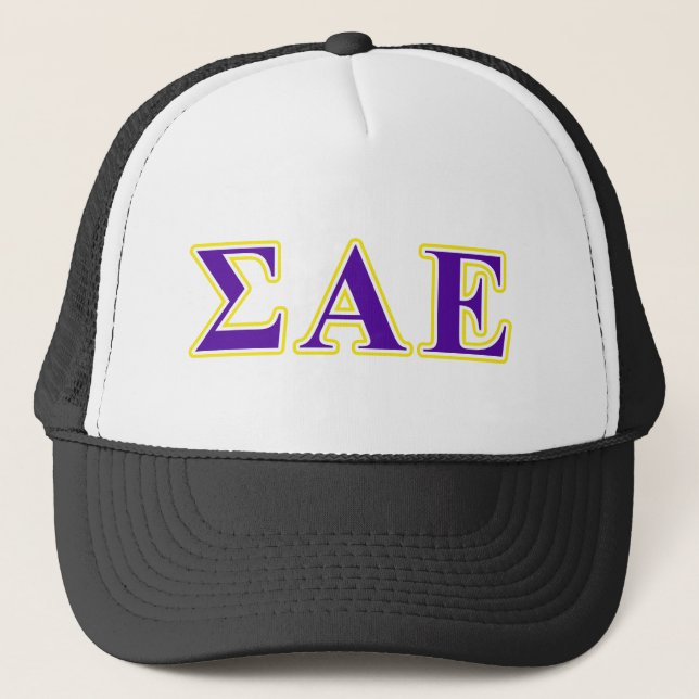 Sigma Alpha Epsilon Purple and Yellow Letters Trucker Hat (Front)