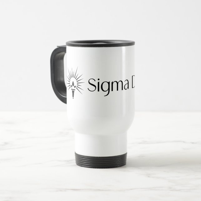 Sigma Delta Tau Sorority Horizontal Torch Logo Travel Mug (Front Left)