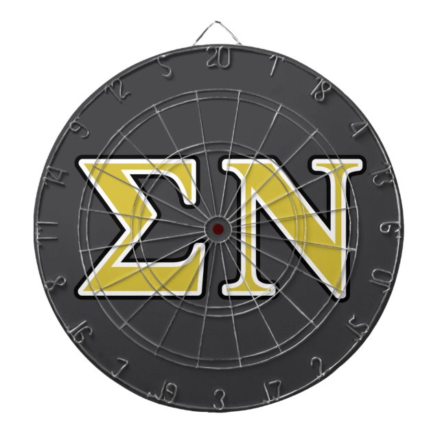 Sigma Nu Black and Gold Letters Dartboard With Darts (Front)