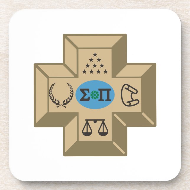 Sigma Pi Fraternity Greek Cross & Symbols Logo Beverage Coaster (Front)