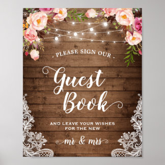 Sign Guestbook Rustic Floral String Lights Lace