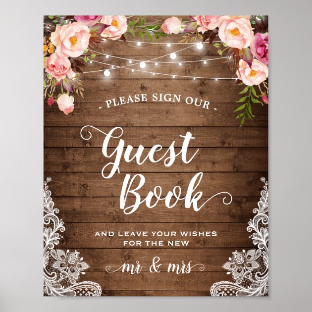 Sign Guestbook Rustic Floral String Lights Lace