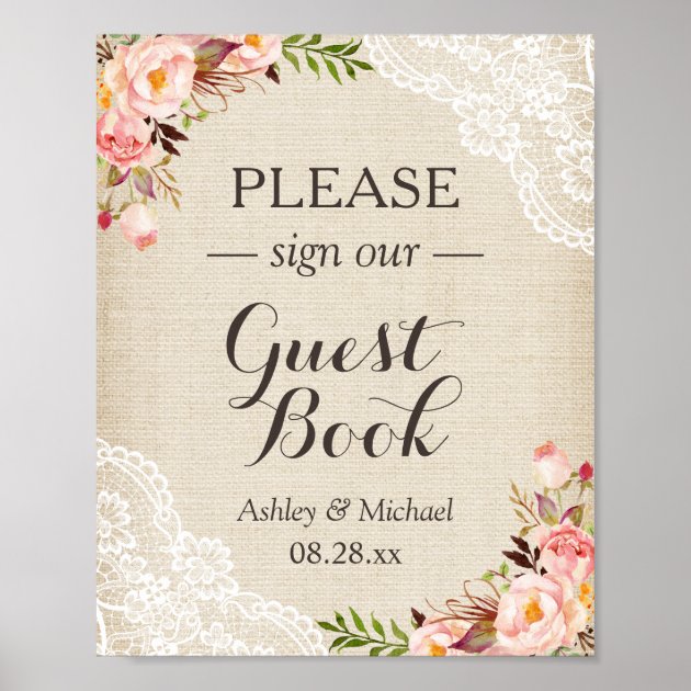 Sign Guestbook Wedding Rustic Burlap Lace Floral