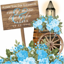 Sign Guestbook - Wood and Baby Blue Flowers Cutout