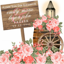 Sign Guestbook - Wood and Coral Flowers Cutout