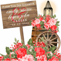 Sign Guestbook - Wood and Red Flowers Cutout