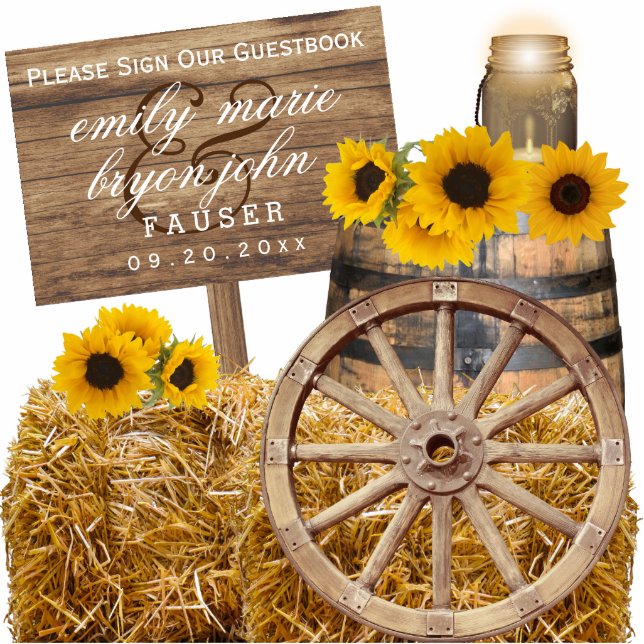 Sign Guestbook - Wood and Sunflowers Cutout (Front)