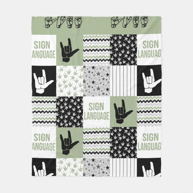 Sign language shape pattern sage green ASL Mom Lov Fleece Blanket (Front)