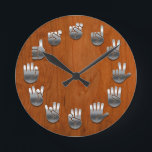 Sign Language -Woodgrain Round Clock<br><div class="desc">An American Sign Language clock,  with faux metallic hands on a faux wood grain backing.</div>