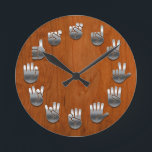 Sign Language -Woodgrain Round Clock<br><div class="desc">An American Sign Language clock,  with faux metallic hands on a faux wood grain backing.</div>