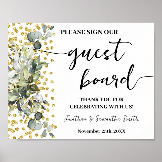 Sign Our Guest Board Wedding Eucalyptus Gold (Front)