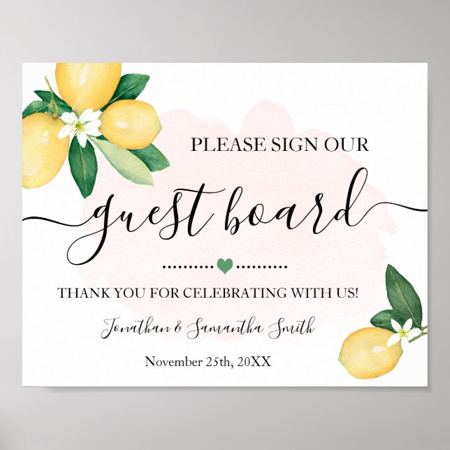 Sign Our Guest Board Wedding Reception Lemons Pink (Front)
