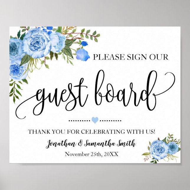 Sign our Guest board wedding shower blue floral (Front)