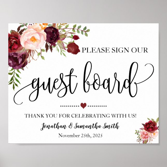 Sign our Guest board wedding shower marsala floral (Front)