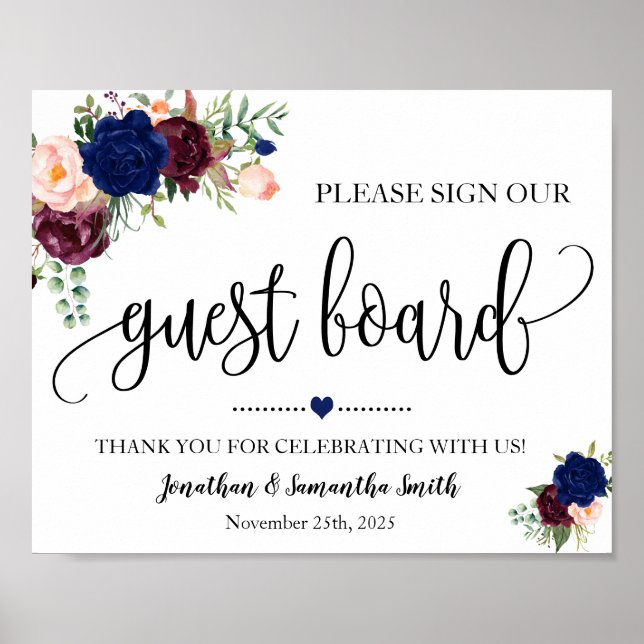 Sign our Guest board wedding shower navy burgundy (Front)