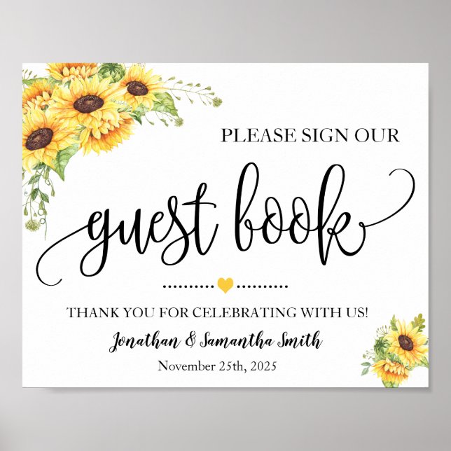 Sign our Guest book wedding shower sunflowers sign (Front)