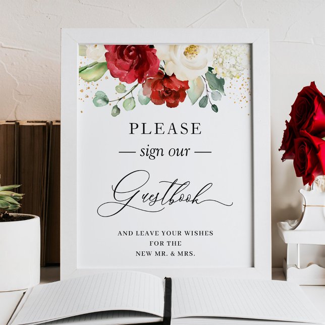 Sign Our Guestbook Burgundy Red White Floral (Creator Uploaded)