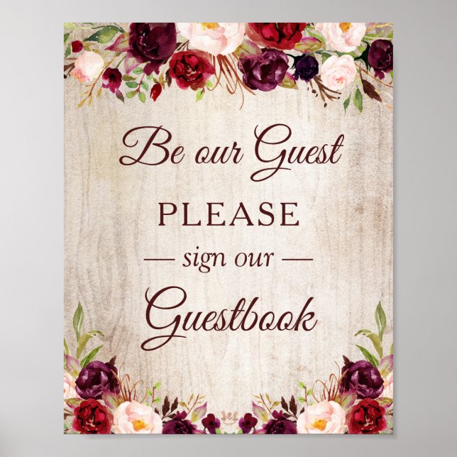 Sign Our Guestbook Rustic Wood Burgundy Red Floral (Front)