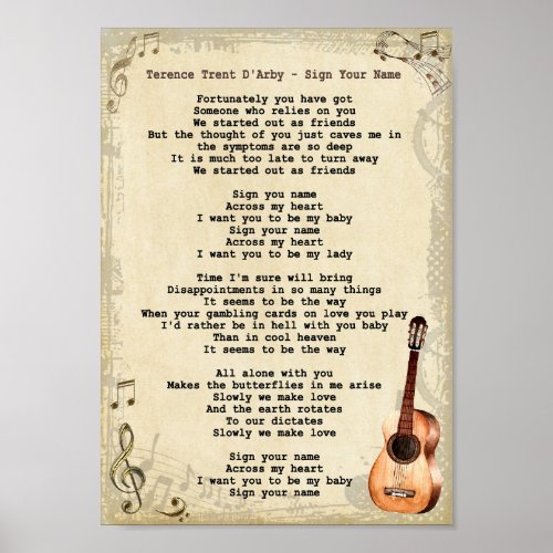 Sign Your Name Song Lyric Vintage Wall Art Print