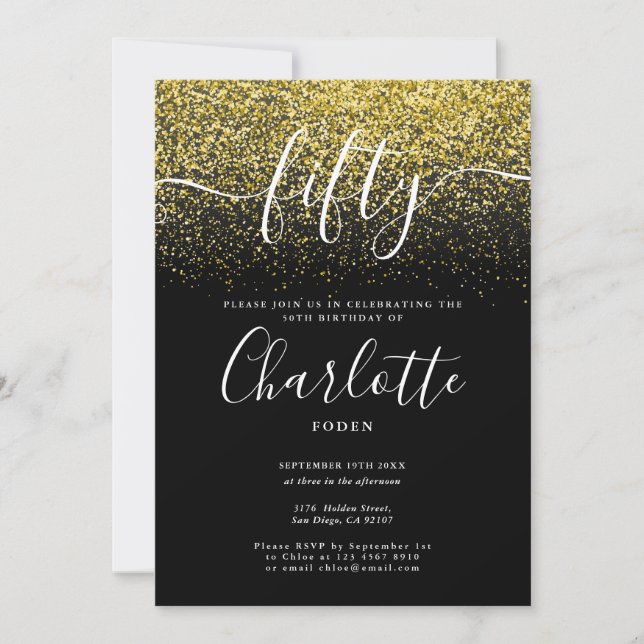 Signature 50th Birthday Gold Glitter Confetti Invitation (Front)