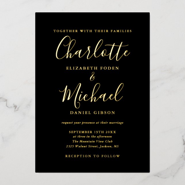 Signature All In One Black Gold Wedding Foil Invitation (Front)