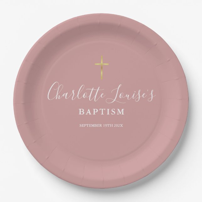 Signature Baptism Christening Dusty Rose Pink Paper Plates (Front)
