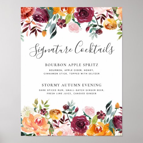Signature Cocktails Autumn Floral Wedding Bar Menu Poster