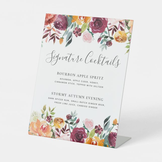 Signature Cocktails Autumn Wedding Bar Menu Pedestal Sign (Front)