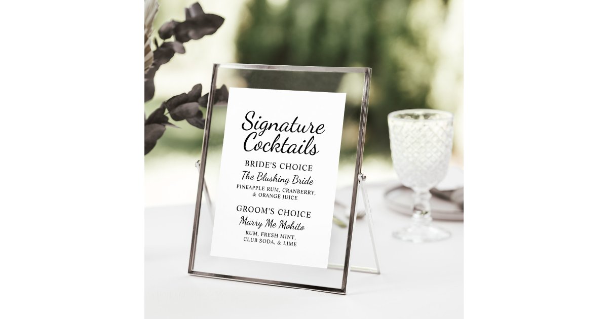 Signature Cocktails Black Script Wedding Sign Menu | Zazzle