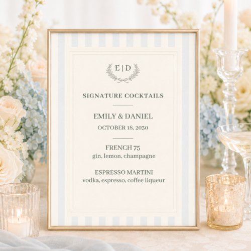 Signature Cocktails Blue &amp; Sage Striped Wedding Poster
