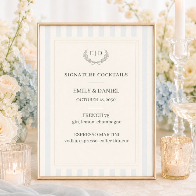 Signature Cocktails Blue & Sage Striped Wedding Poster (Creator Uploaded)