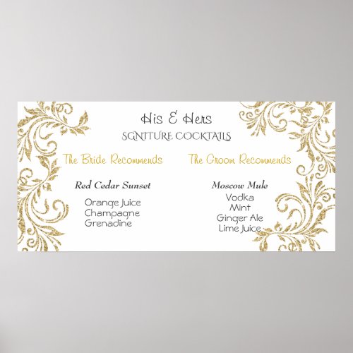 Signature Cocktails Bride and Groom Gold Glitter Poster