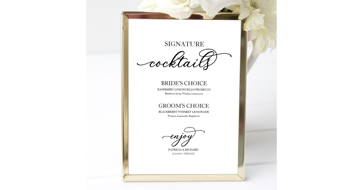Signature Cocktails Chic Black Script Poster | Zazzle